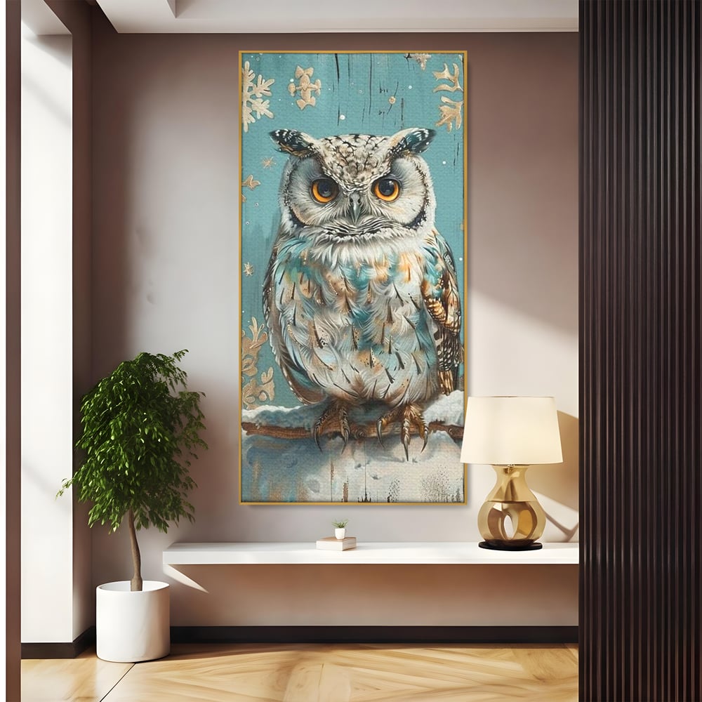 Tablou canvas cu tablou canvas cu bufnita pe ramura inzapezita, in rama de aluminiu auriu
